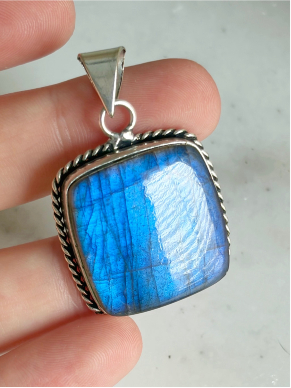 Blue Labradorite Pendant Square Southwest Rope New Sterling Silver 925 Overlay